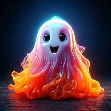 Cute glowing pink and orange slime monster with big eyes and happy smile.