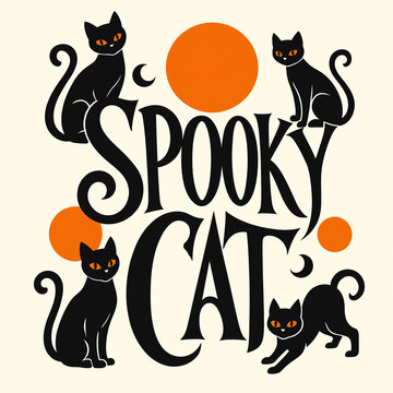 Vintage halloween composition with multiple black cats and orange moons spooky cat halloween illustration orange moon vintage design retro art holiday graphic feline friends halloween