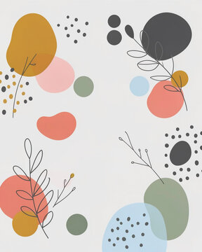 A minimalist abstract vector illustration featuring a balanced composition of organic shapes and whimsical patterns on a clean, light-gray background