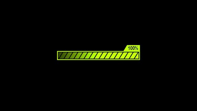 Green neon loading bar 100 percent complete HUD progress status dark background 25fps