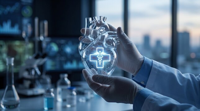 Hands holding transparent glass heart with glowing digital medical cross inside