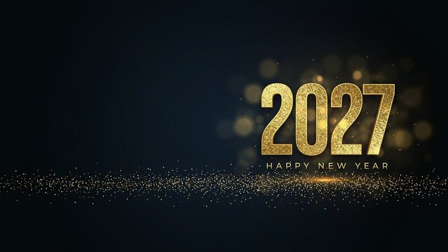 2027 Happy New Year gold glitter text on dark background with bokeh light effects