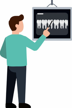 Dentist pointing at tooth X-ray on screen vector icon, hand-drawn flat illustration of male dental professional examining dental radiograph of white teeth inside dark monitor for medical and