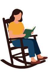 Fototapeta premium Vibrant hand-traced vector illustration of a young woman relaxing in a wooden porch rocking chair, immersed in reading a book, casual lifestyle scene