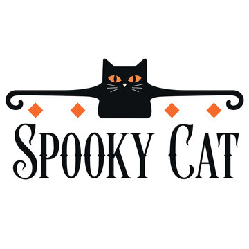 Spooky cat halloween vector design featuring a black cat head with extended lines and orange diamonds black feline halloween logo holiday graphic scary animal vector art background