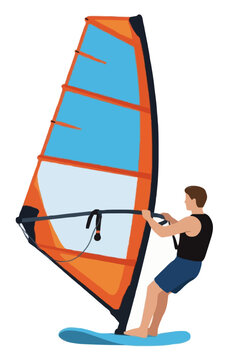 Hand-traced vector illustration of a male windsurfer riding beside a friend on a bright cyan windsport board with a colorful orange and blue sail, isolated on white background