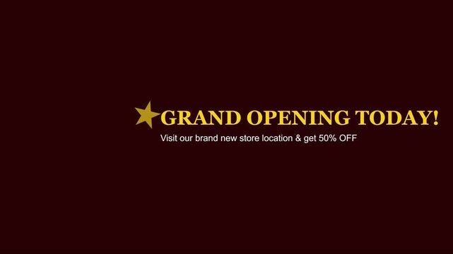 Grand opening today animated text with moving star for retail store promotion and 50 percent off sale announcement animation 4k