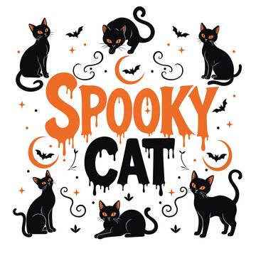 Spooky cat halloween design with black cats bats and crescent moons crescent moon flying bats halloween art cat illustration spooky season holiday graphic decorative text mystical anima