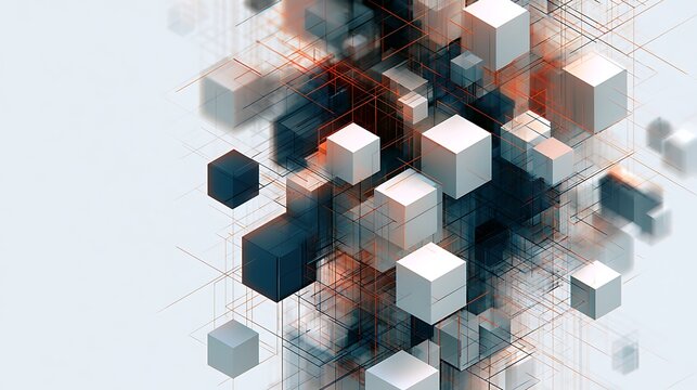 Abstract 3d composition with floating cubes and geometric lines