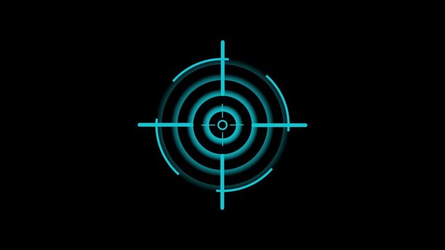 Glowing neon cyan color target icon animation. Military training , Military target icon animation on black background .Crosshair, gun aim, sniper target, bullseye, hunting, target audience