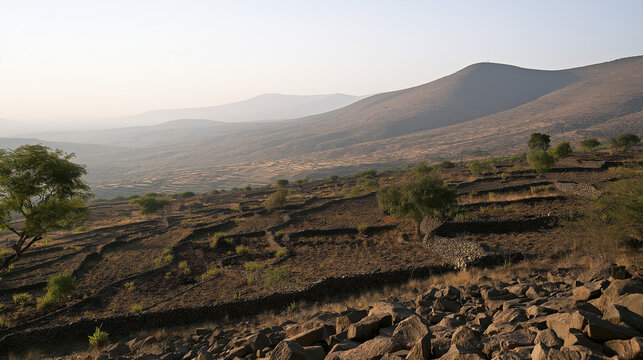 Terraced hillside with distant mountains