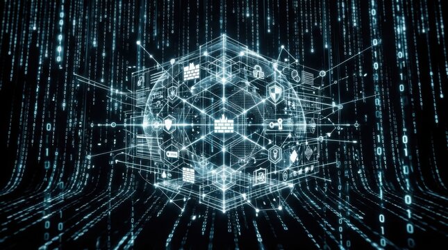 Cybersecurity digital matrix with glowing data cube and cascading binary code background.