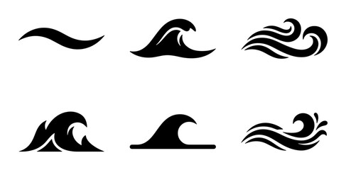 Fototapeta premium Set of 6 Black Wave Icons, Ocean Swirl Graphics, Sea Splash Vector Elements, Marine Water Symbols for Design