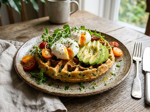 Savory herb waffle topped with poached eggs and sliced avocado on a rustic plate.