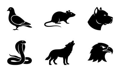 Fototapeta premium Six Silhouette Animal Icons: Pigeon, Rat, Dog, Cobra, Wolf, Eagle Vector Set. Minimalist Wildlife Graphics for Branding and Design.