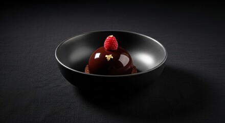 Fototapeta premium Chocolate mousse dessert with raspberry and gold leaf