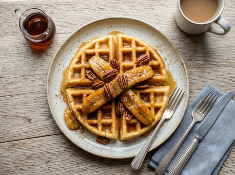 Delicious golden waffle topped with caramelized bananas and crunchy pecans served with syrup.