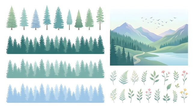 Forest and Mountain Landscape Vector Set featuring Coniferous Trees, Lake, and Wild Plant Foliage Elements