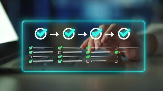 Digital task management with checkmark, workflow optimization and project planning. Document review and business process automation concept. 