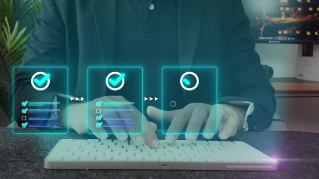 Digital task management with checkmark, workflow optimization and project planning. Document review and business process automation concept. 