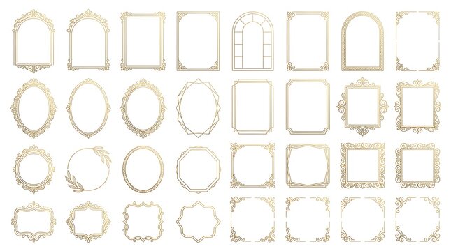 Set of Vintage Golden Ornate Borders and Baroque Picture Frames Vector Illustration Isolated on White
