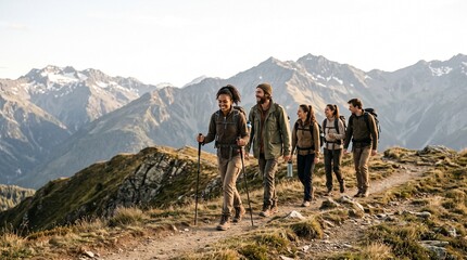 Obraz premium Group of friends hiking on a mountain trail with backpacks and trekking poles enjoying scenic views