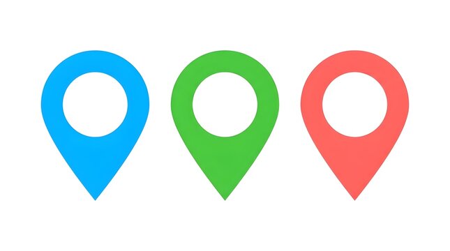 Three colorful map marker icons representing different locations on a white background, perfect for navigation and travel themes