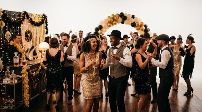 Roaring Twenties Party Celebration with Couples Dancing and Champagne