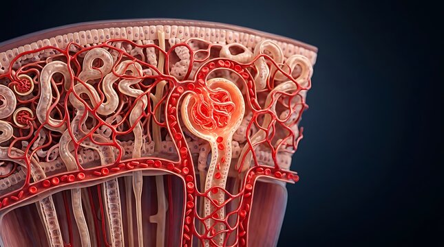 3D medical illustration of a human kidney nephron showing glomerular filtration and blood vessels.