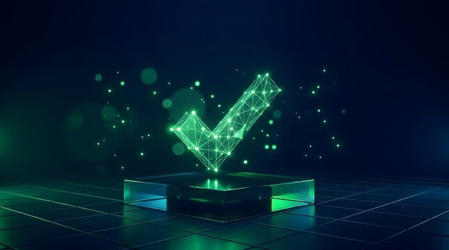Glowing green wireframe checkmark symbol on glass platform representing digital technology validation