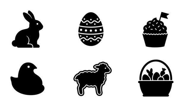 Easter Icons Set: Black Silhouette Vector Graphics of Bunny, Egg, Cupcake, Chick, Lamb, and Basket for Holiday Design