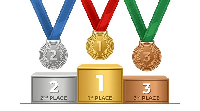 Gold Silver and Bronze Medals Awarded to Winners on a Three Tiered Victory Podium for Sports and Professional Achievement Competitions