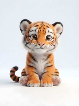 Adorable baby tiger cub with big eyes sitting on a white background 3d render