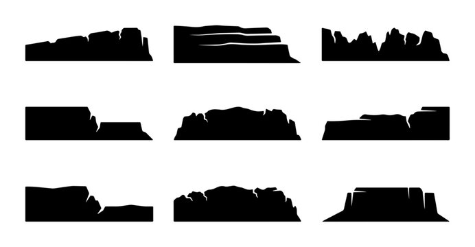 Diverse Silhouette Rock Formations, Mountain Peaks, and Canyon Cliffs Vector Set, Natural Landscape Elements for Graphic Design