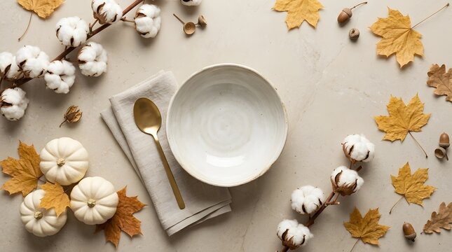A beautifully set thanksgiving table with a pristine white bowl awaiting a delicious feast surrounded by elegant cotton bolls and vibrant autumn leaves creating
