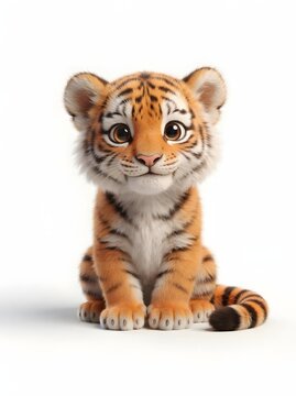 Adorable baby tiger cub sitting on a white background realistic 3d rendering