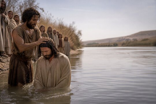 John baptizes Jesus in the Jordan River as followers witness the sacred biblical ritual.