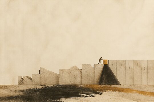 Man rebuilding an ancient stone wall with a large block, biblical scene symbolizing Nehemiah restoring Jerusalem, perseverance, faith, leadership, and renewal with copy space