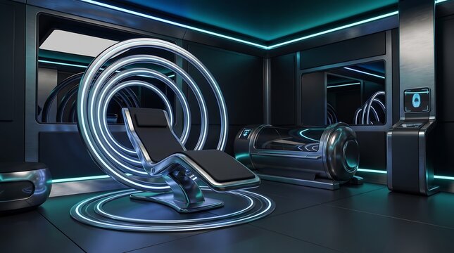 high tech futuristic medical chair and pod with glowing blue neon lights.