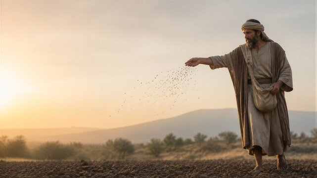 Biblical farmer scattering seed across a field at sunrise, illustrating the parable of the sower, faith, spiritual growth, and hope with generous copy space