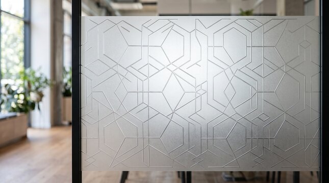 Frosted glass partition with geometric pattern, decorative window film in modern office, etched glass privacy screen