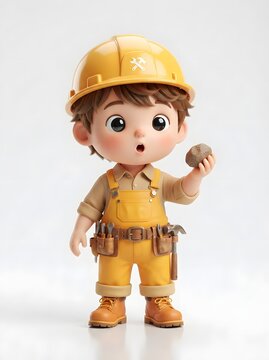 Adorable cartoon boy wearing a yellow construction helmet and overalls holding a rock