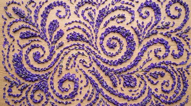 Lavender floral embroidery pattern, purple dried flower buds on beige fabric, elegant botanical swirl design for spa and wellness