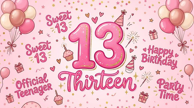 Cute pink typographic composition celebrating a thirteenth birthday party with playful decorative elements background birthday sweet 13 party pink typography background celebration thirteen text