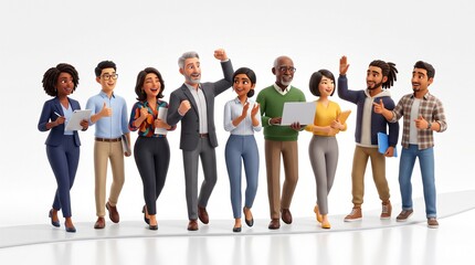 Obraz premium Diverse group of cartoon business professionals celebrating success and collaboration in a modern office setting