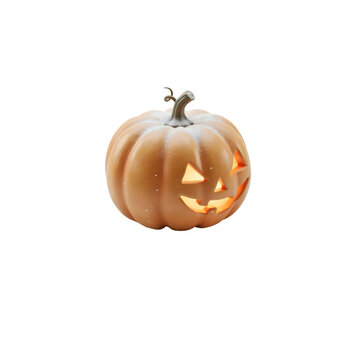 3d rendering of a glowing carved halloween jack o lantern pumpkin on a minimalist platform with snow