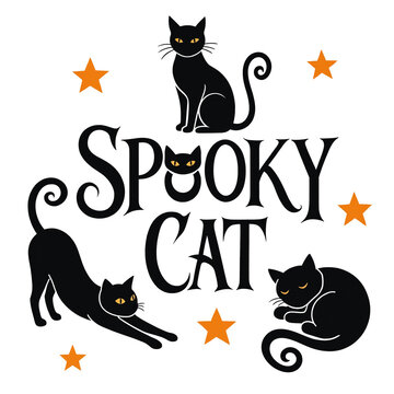 Classic halloween themed graphic design with multiple black cats and stars black cat spooky cat vintage cats halloween art spooky text orange stars retro halloween cat illustration