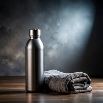A sleek metallic water bottle standing next to a folded grey towel on a wooden surface.
