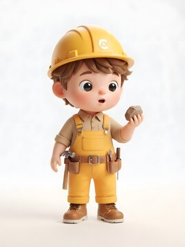 Adorable cartoon builder character holding a stone with construction tools and yellow helmet