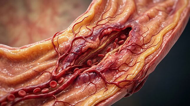 Detailed 3D medical illustration of human intestinal tissue with inflamed blood vessels and capillaries.